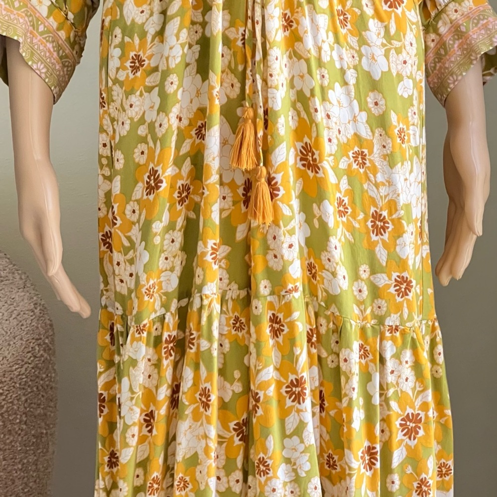 Aakaa Bohemian Floral Yellow Mixed Print Long Flowy Maxi Dress Size Small - Picture 3 of 15